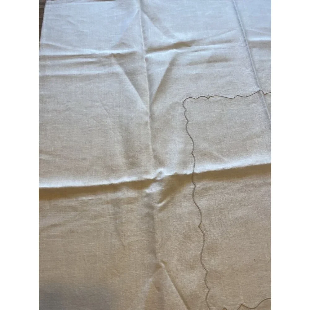 Vintage Table Cloth Linen Ivory Beige Embroidered Square 42